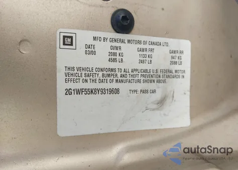 2000 Chevrolet Impala z USA, uszkodzony, nr VIN 2G1WF55K8Y9319608